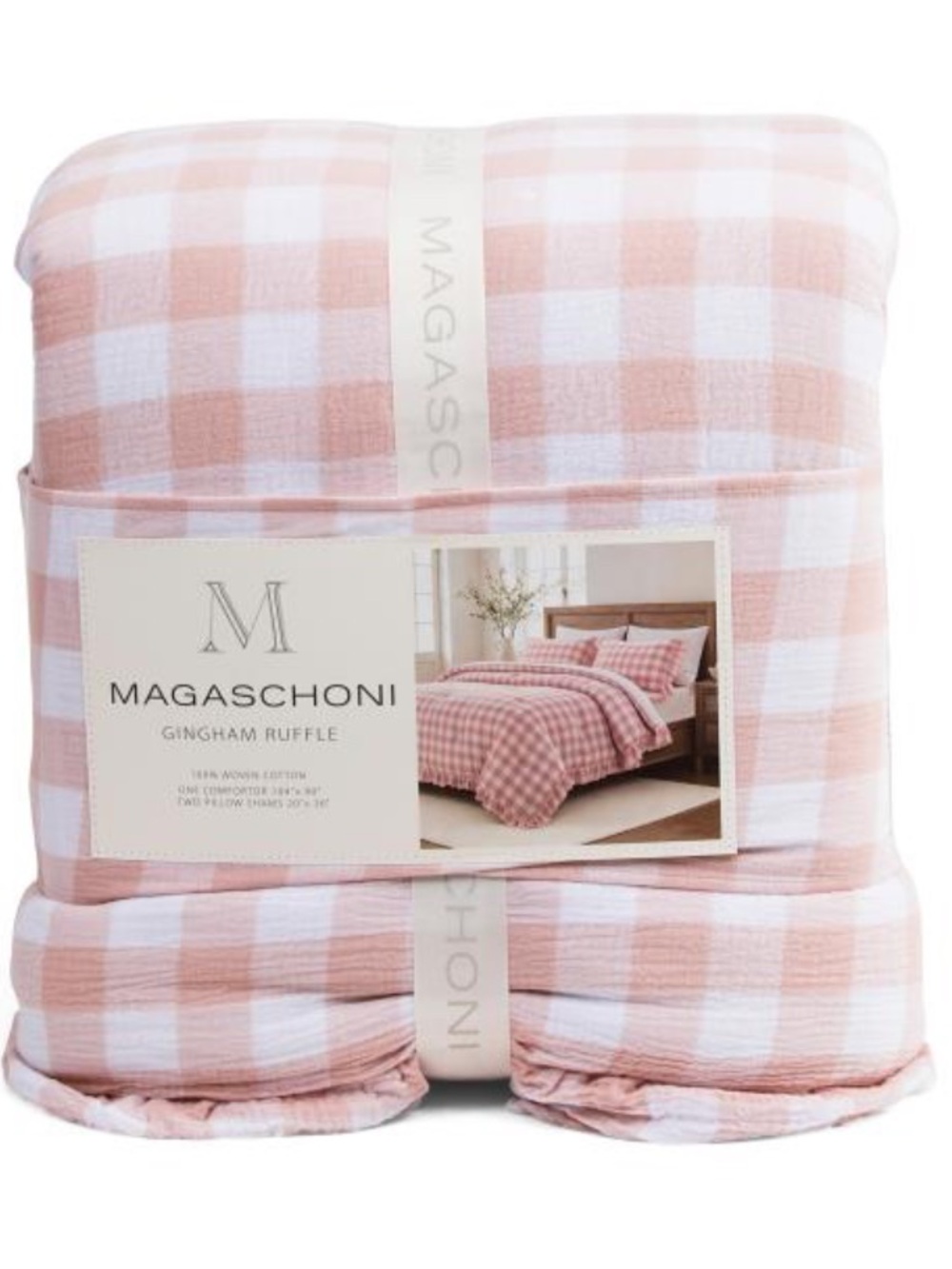 Magaschoni Pink and White Gingham Ruffle Comforter